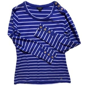 Nautica S pullover LS anchor accent blue striped top w stretch 0161